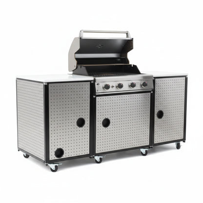Premium 70"W Black Stainless Steel Outdoor Kitchen Island BBQ Gas Grill with Compact Refrigerator & Rotisserie Burner + Dual Sided Griddle Plate + Charcoal Tray + Natural Gas Conversion Kit
