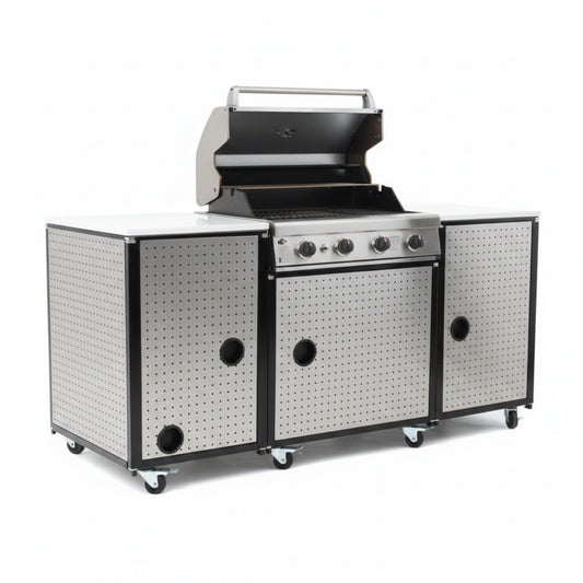 Premium 70"W Black Stainless Steel Outdoor Kitchen Island BBQ Gas Grill with Compact Refrigerator & Rotisserie Burner + Dual Sided Griddle Plate + Charcoal Tray + Natural Gas Conversion Kit